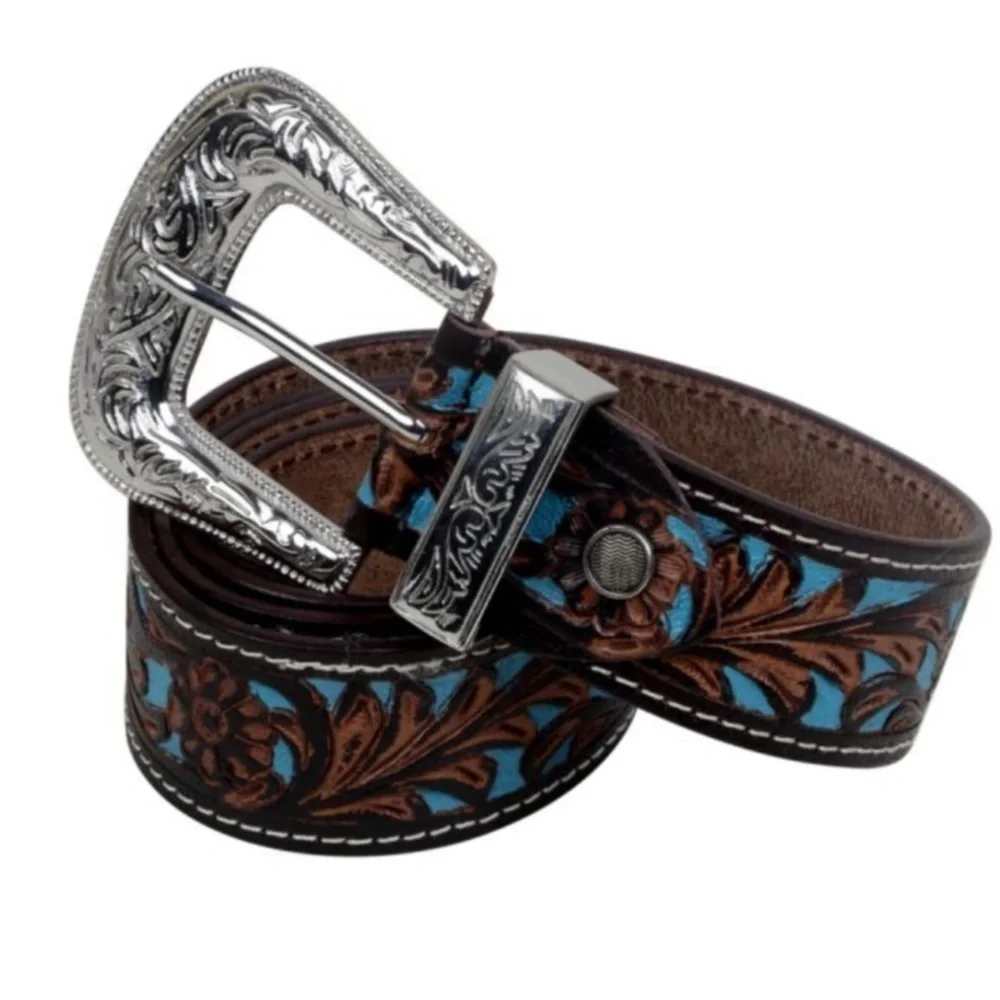 Myra turquoise hand tooled, painted leather belt